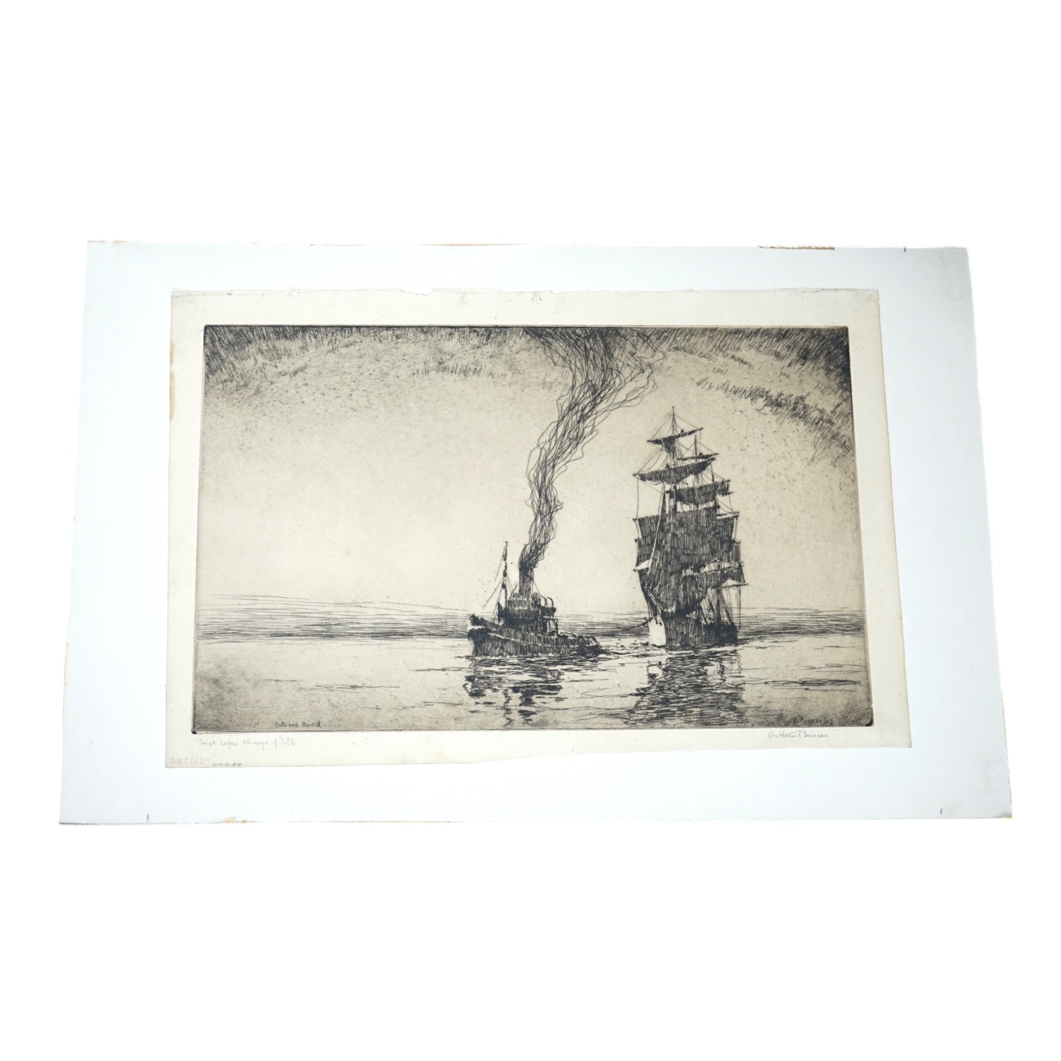 Arthur Briscoe (1873-1943), drypoint etching, Outward Bound, signed in pencil and inscribed by the artist, 25 x 40.5cm, unframed. Condition - laid down, otherwise good